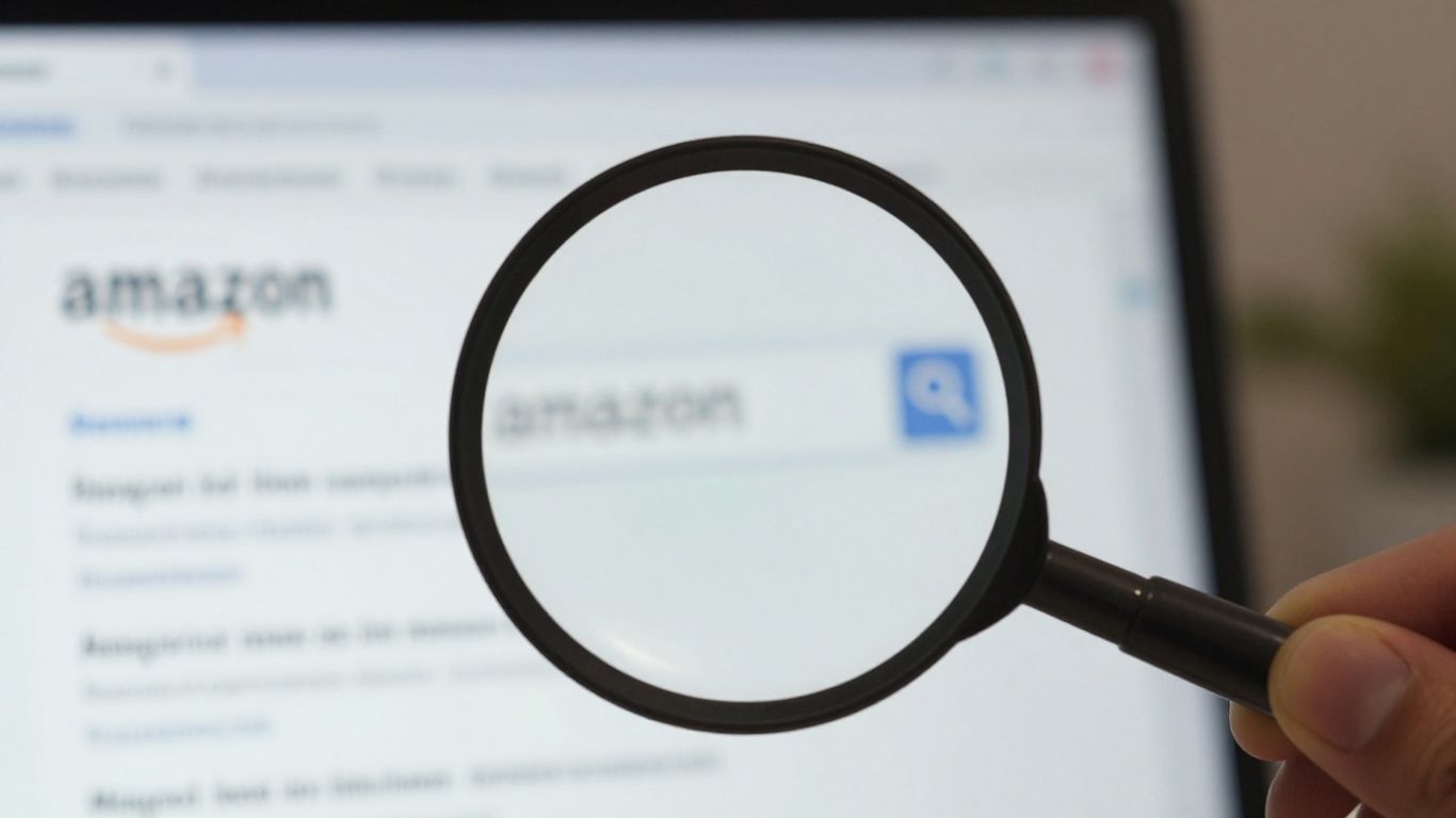 Magnifying glass over Amazon product listings on a screen.
