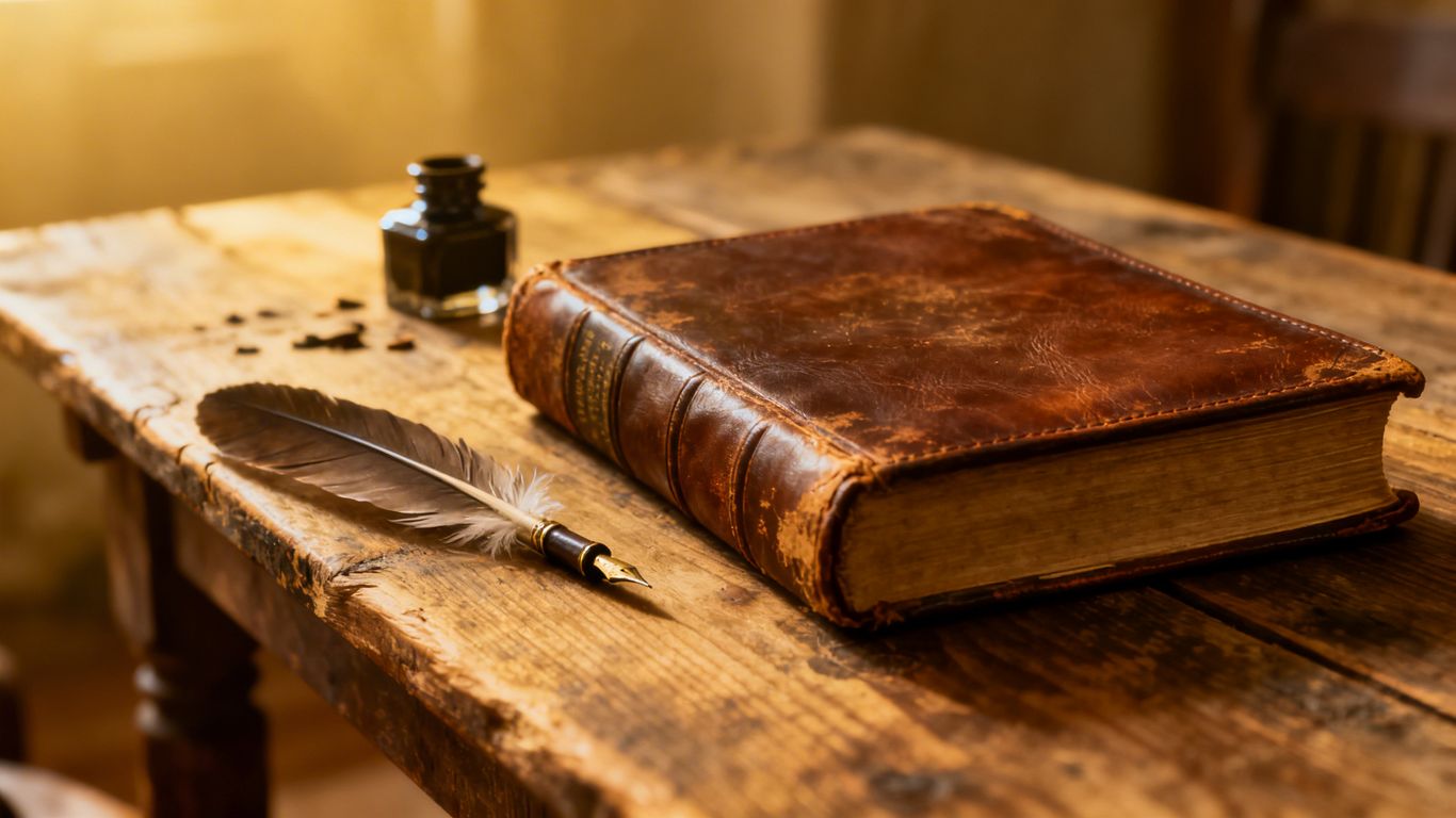 Vintage book with quill and inkwell on wooden table.