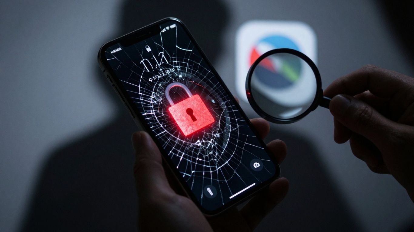 Cracked iPhone screen with FBI magnifying glass over Signal app.
