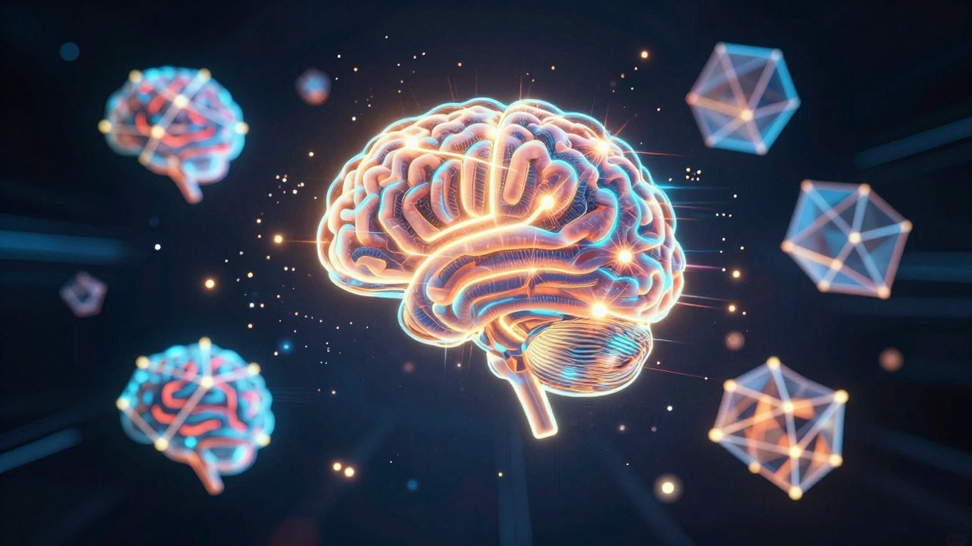 Abstract glowing brains and data nodes in a futuristic game style.