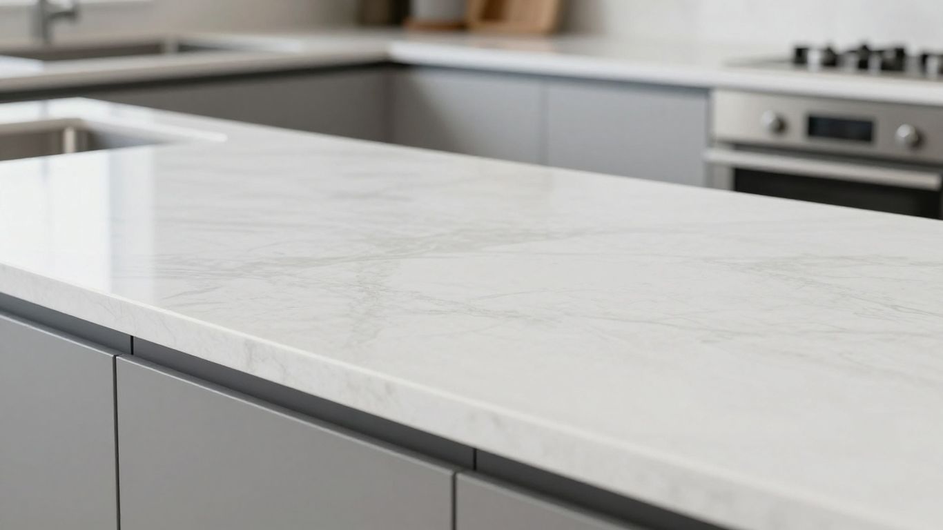 Polished white quartz stone kitchen worktop with subtle veining.