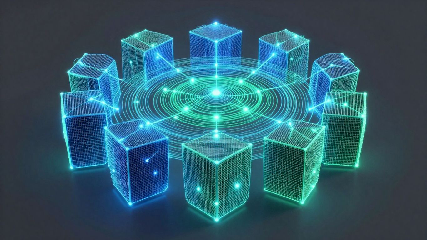 Interlocking digital shield protecting a network of nodes.