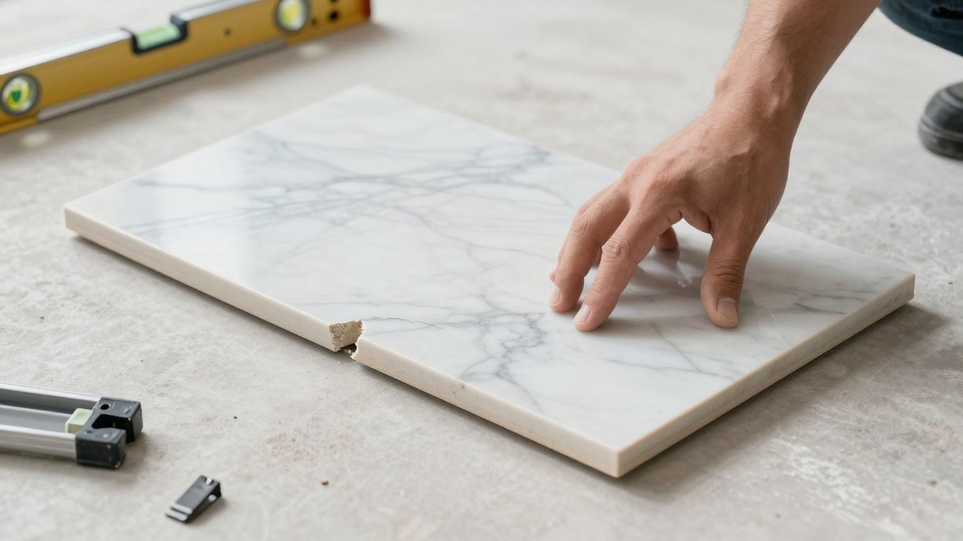 Contractor struggling with marble tile installation using leveling clips.