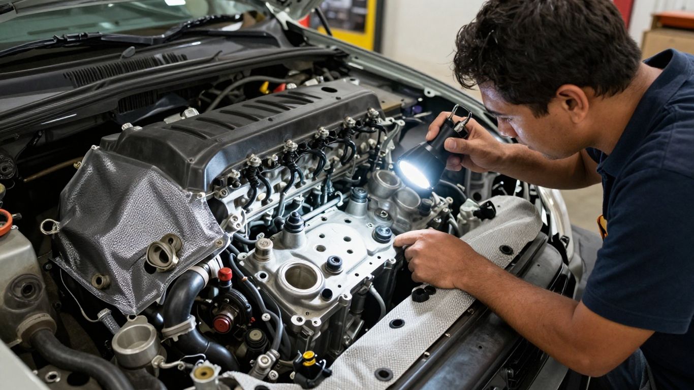 Used Hilux components inspected beside a workshop vehicle