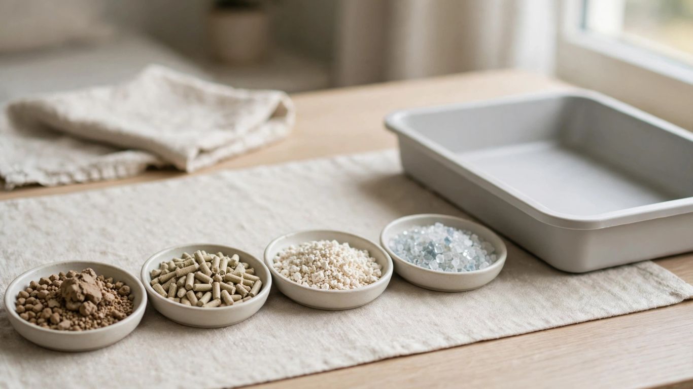 Several cat litter textures beside a clean litter box