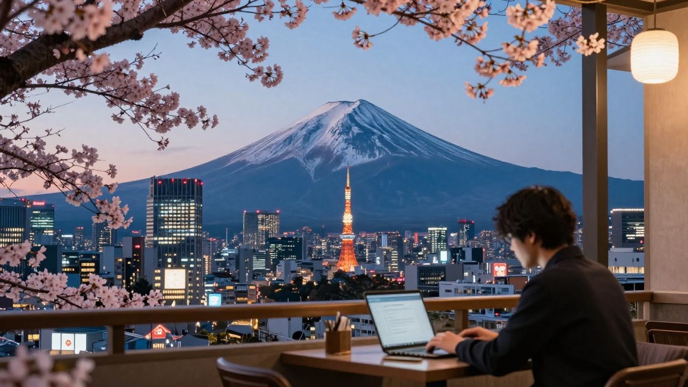 Digital nomad working remotely in Japan with Mount Fuji.