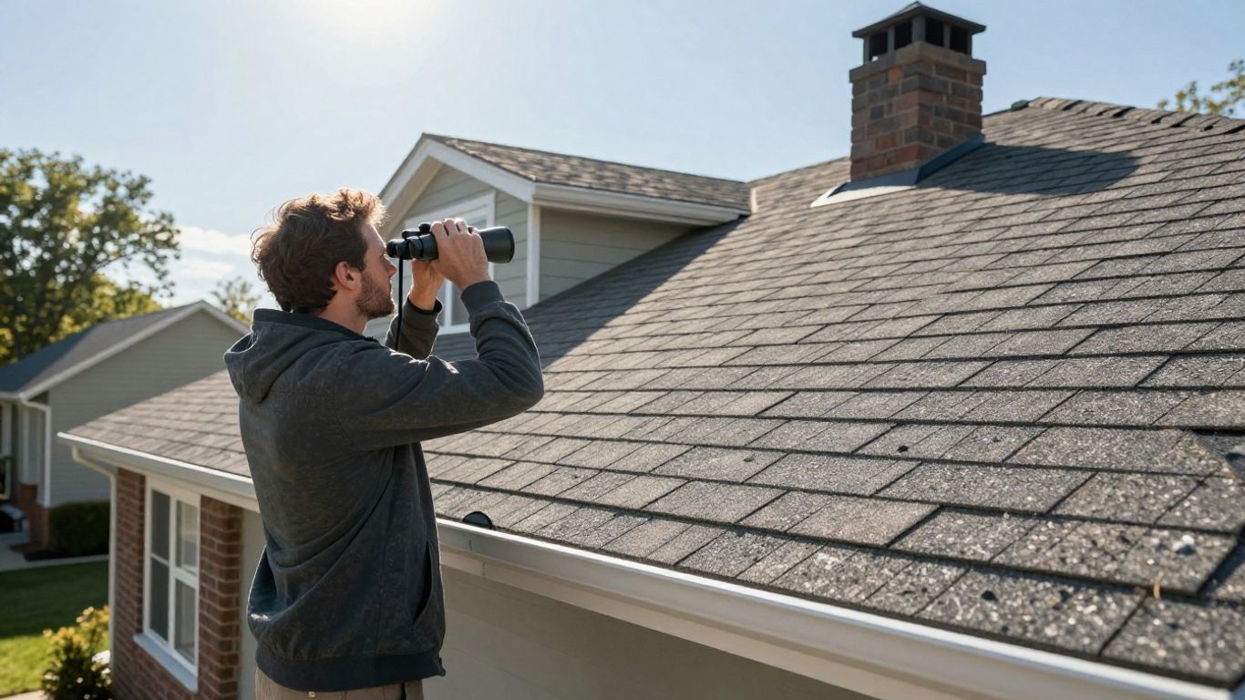 Homeowner inspecting roof from the ground with binoculars.
