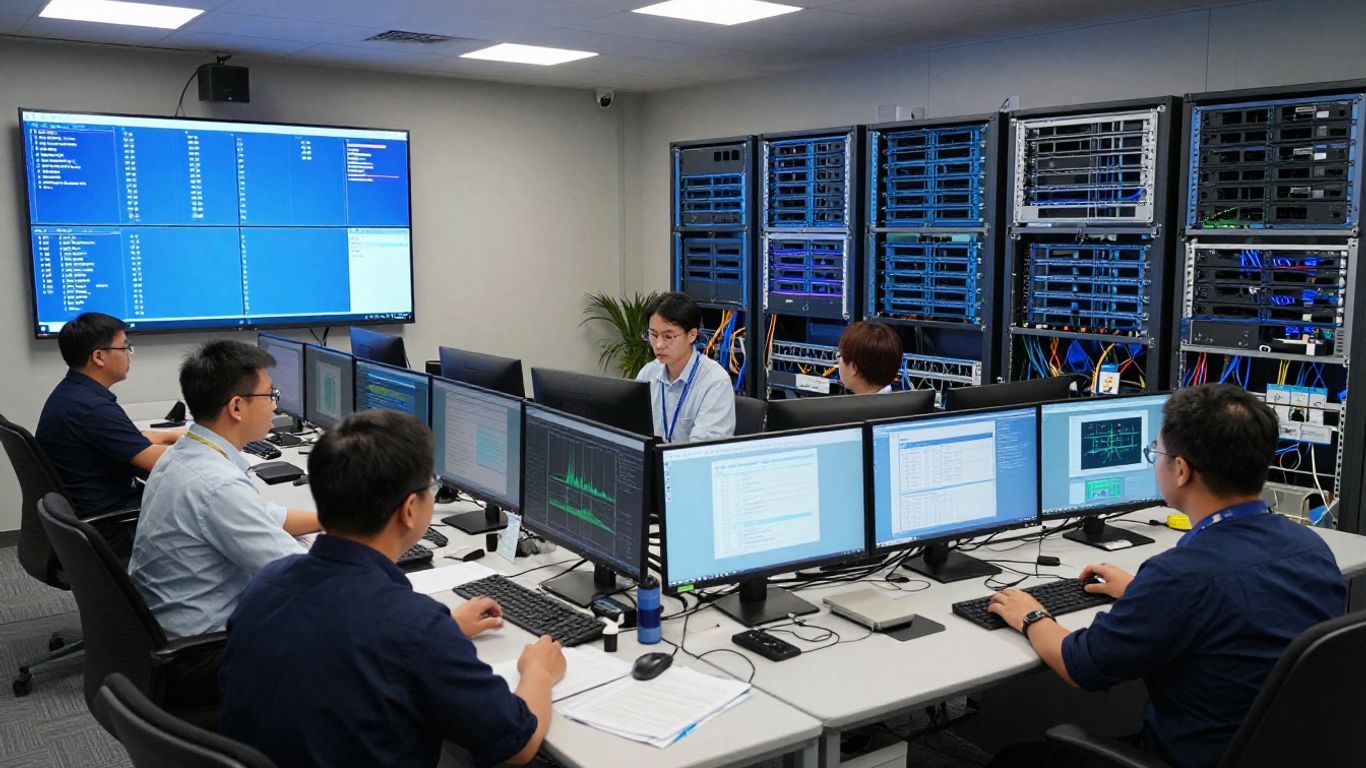 A team monitoring connected business technology