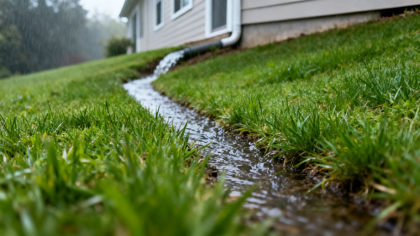 Sloped lawn directing water away from a house foundation.