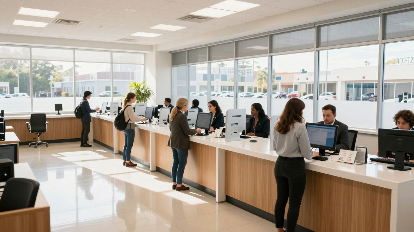 Modern bank interior with customers and staff