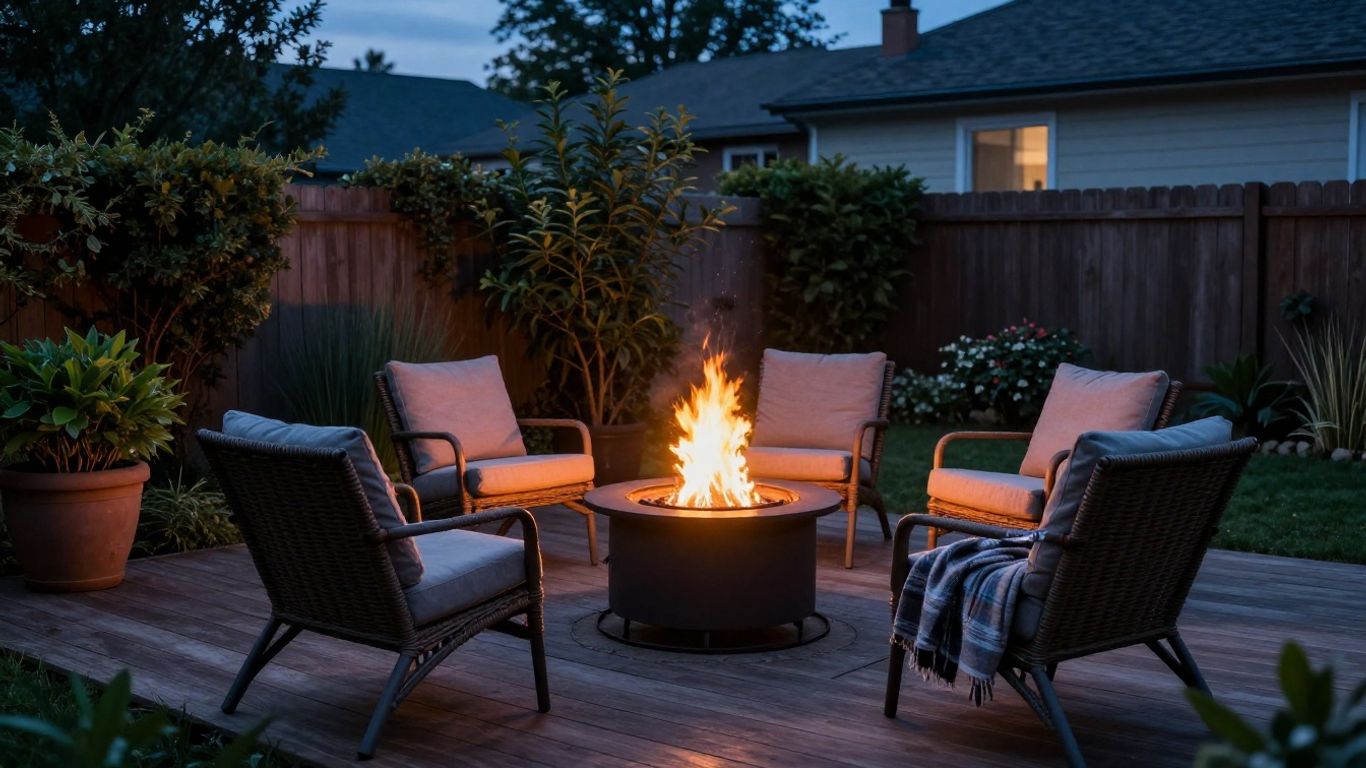 Warm backyard fire pit beside comfortable seating
