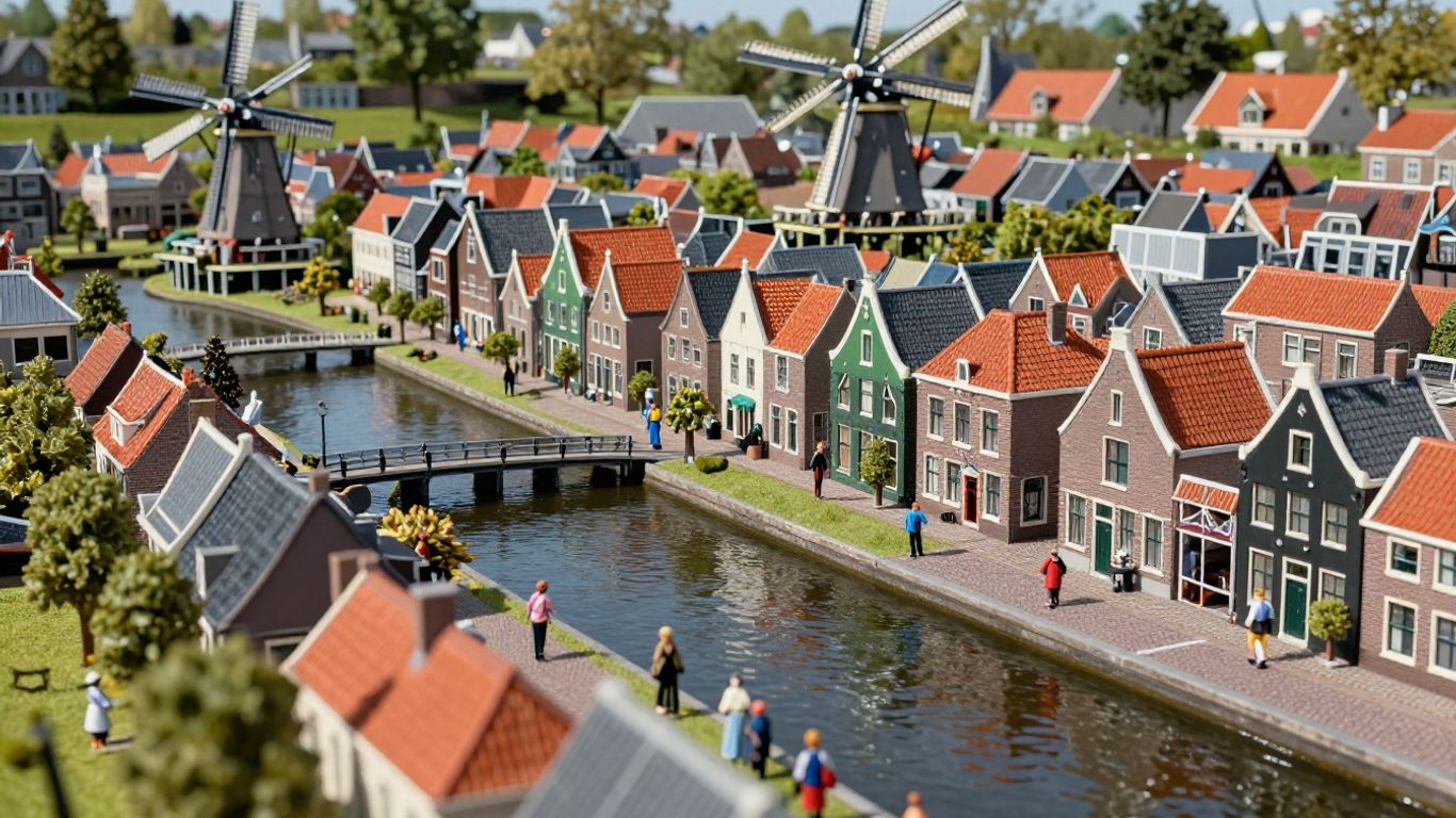 Miniatuur stad Madurodam met kleine gebouwen en figuren.
