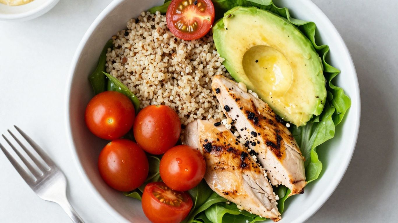 Healthy lunch bowl with chicken, quinoa, and vegetables.