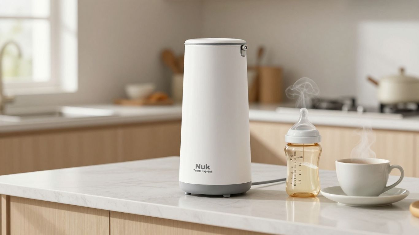 Máquina Nuk Thermo Express para hacer biberones en una cocina.