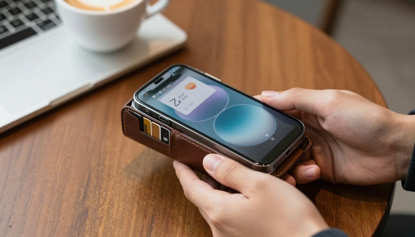 A person in a cafe paying for coffee using their iPhone 15 Pro Max in a leather wallet case, with cards visible in the slots.