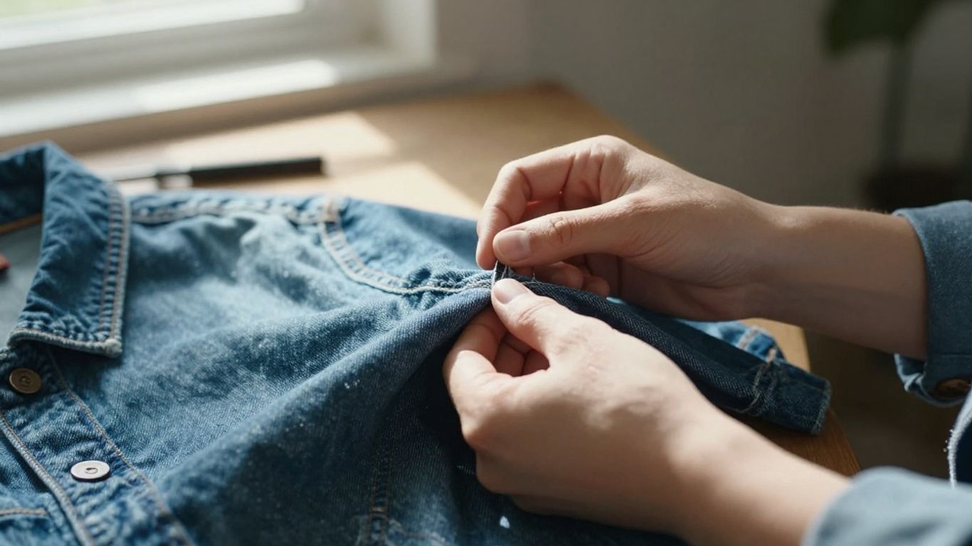 Hands mending a denim jacket with needle and thread.