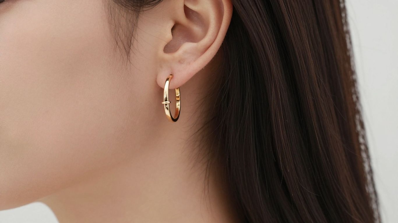 Woman's ear with stylish hoop earrings.