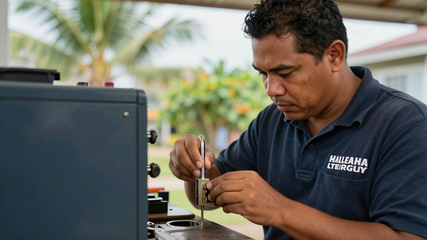 Locksmith working on a lock in Haleiwa, Hawaii.