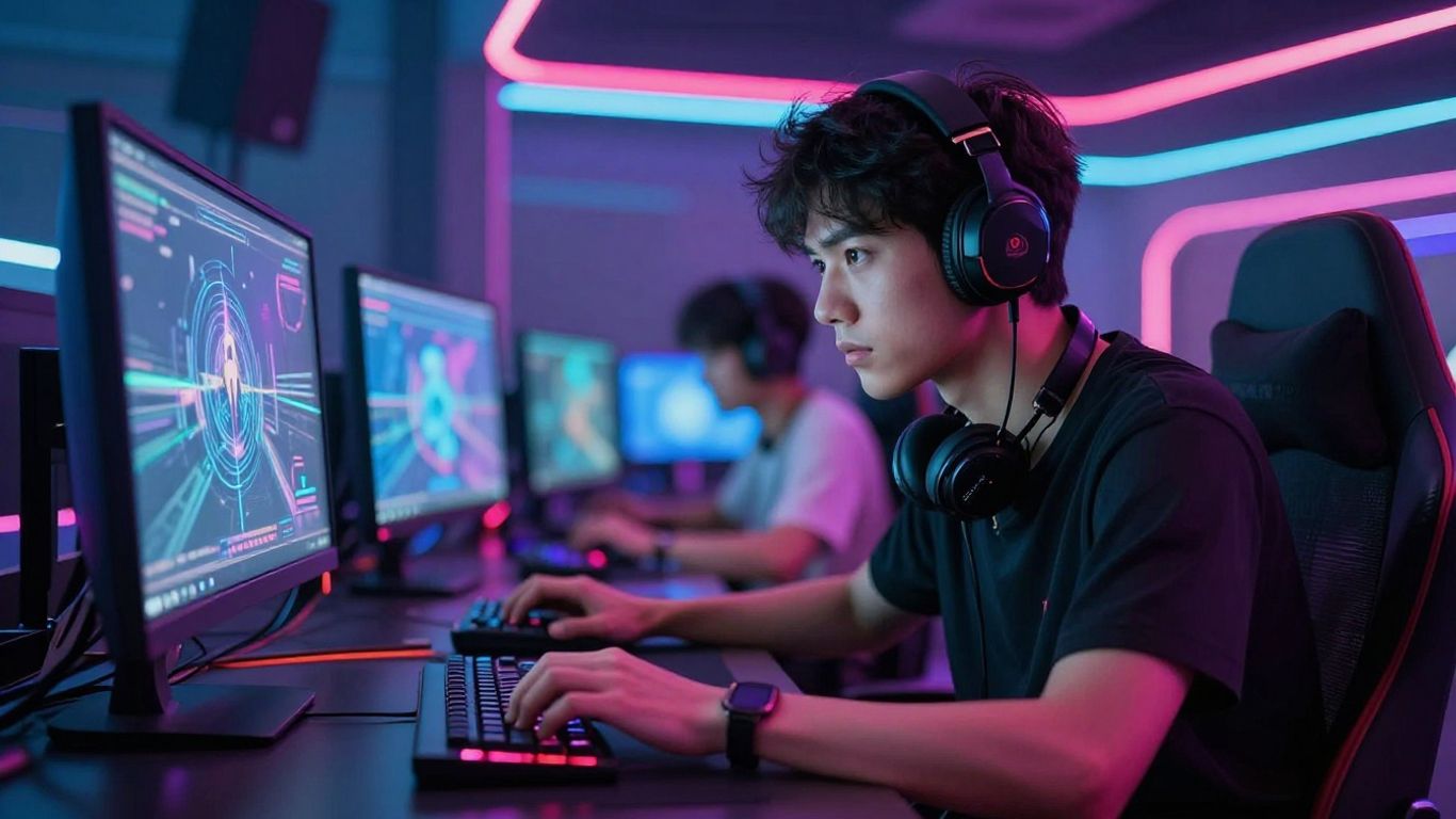 Gamer in futuristic virtual world with neon lights.