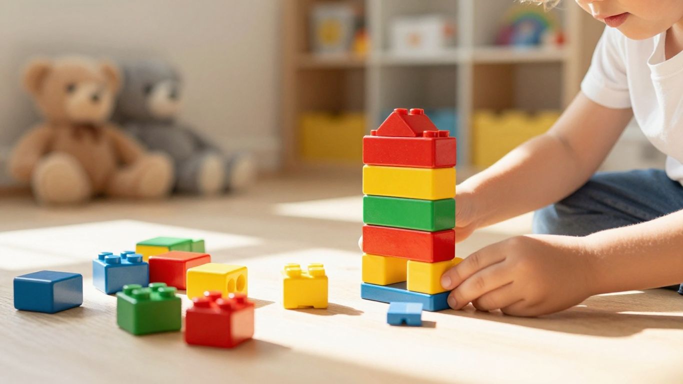 Child playing with colorful blocks in a bright playroom.