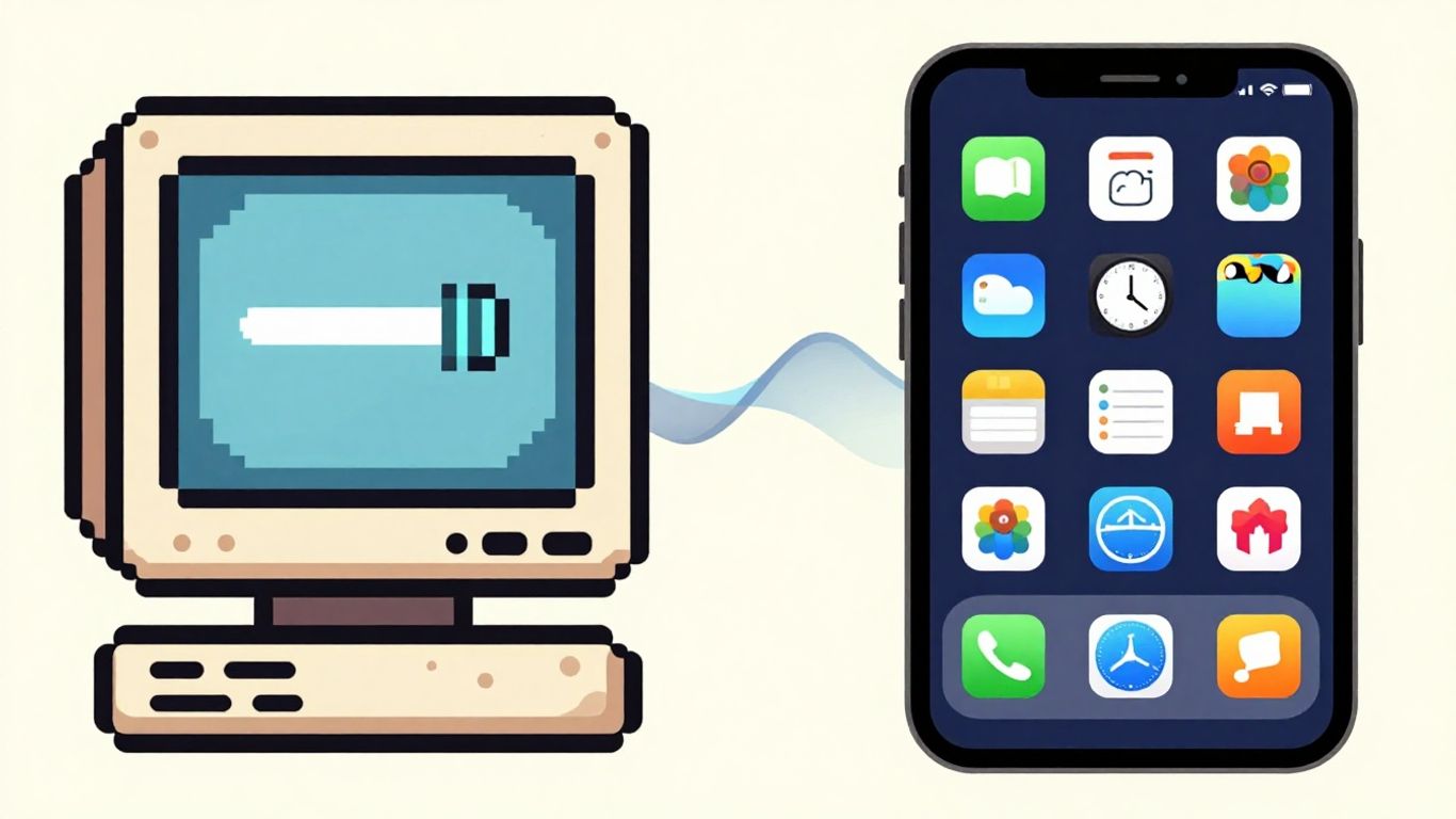 Modern smartphone interface next to an old computer screen.