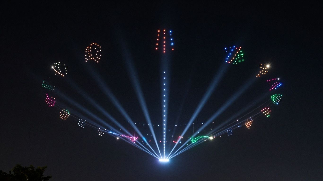 Dazzling nighttime drone show illuminating the sky with light formations.