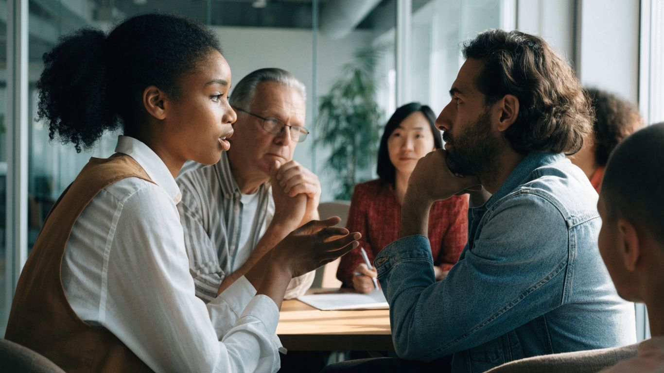 Colleagues discussing a work assignment together