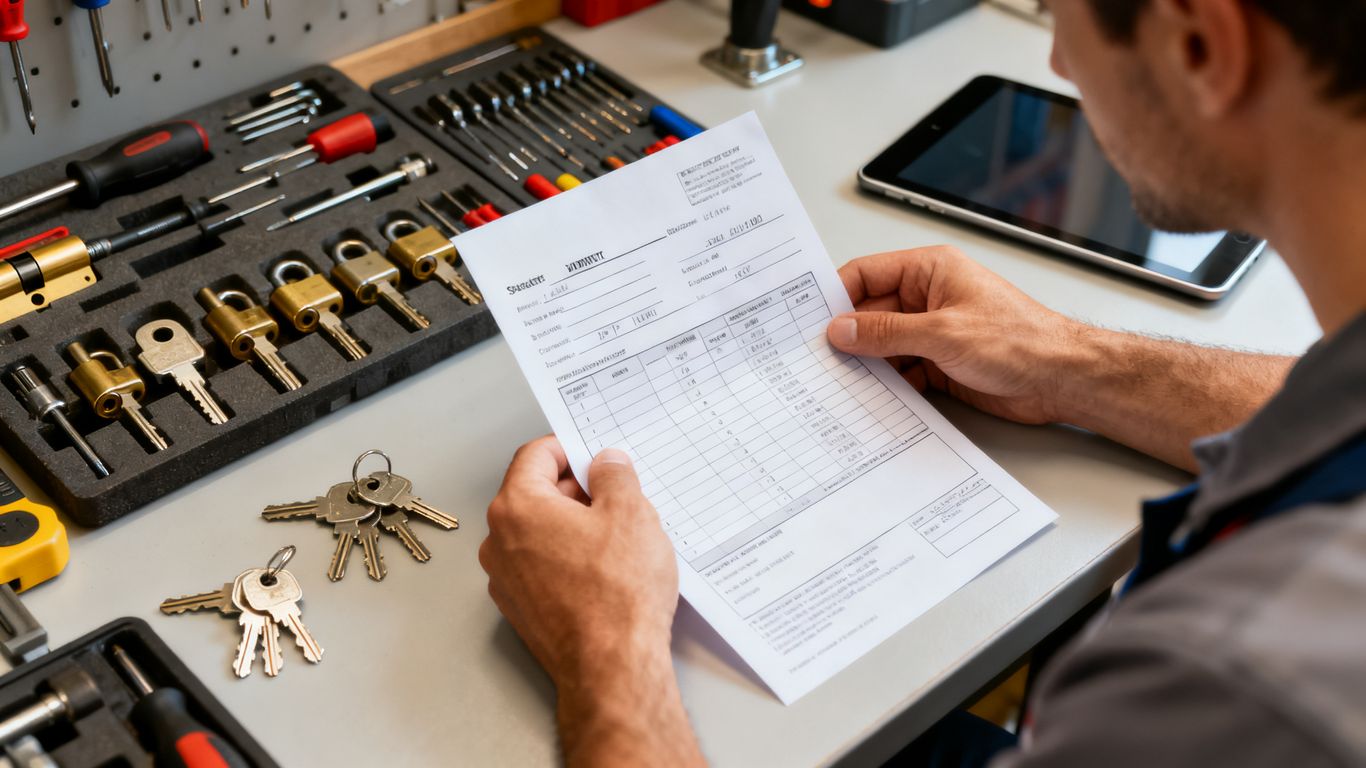 Locksmith reviewing service estimate beside tools