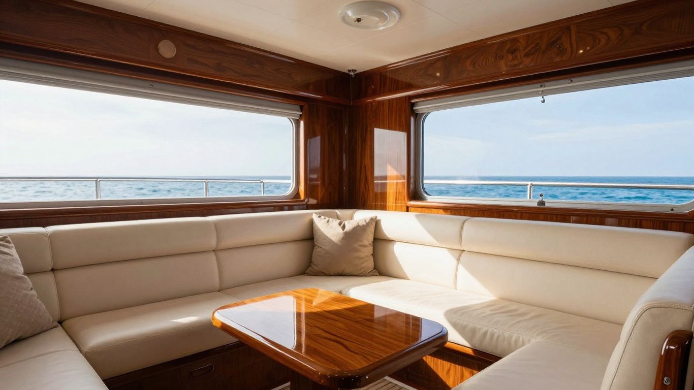 Luxurious yacht interior with ocean view.