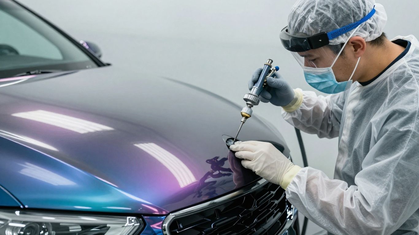 Spray painting a vehicle bumper in a professional studio