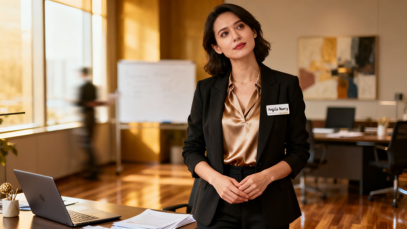 Angela Nancy in office, balancing work and passion.