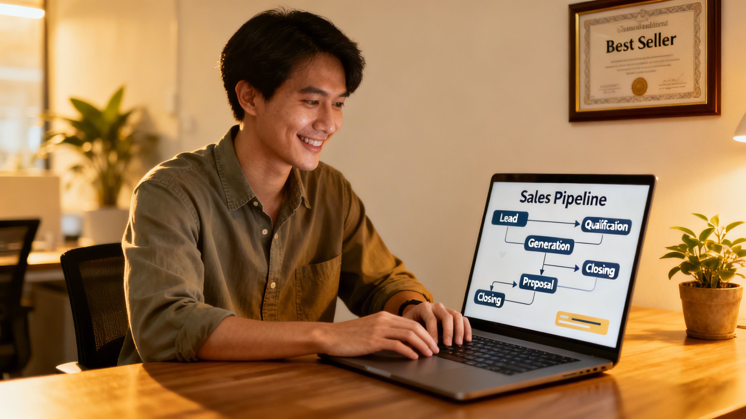 A small business owner smiling while reviewing a simplified sales pipeline on a laptop.