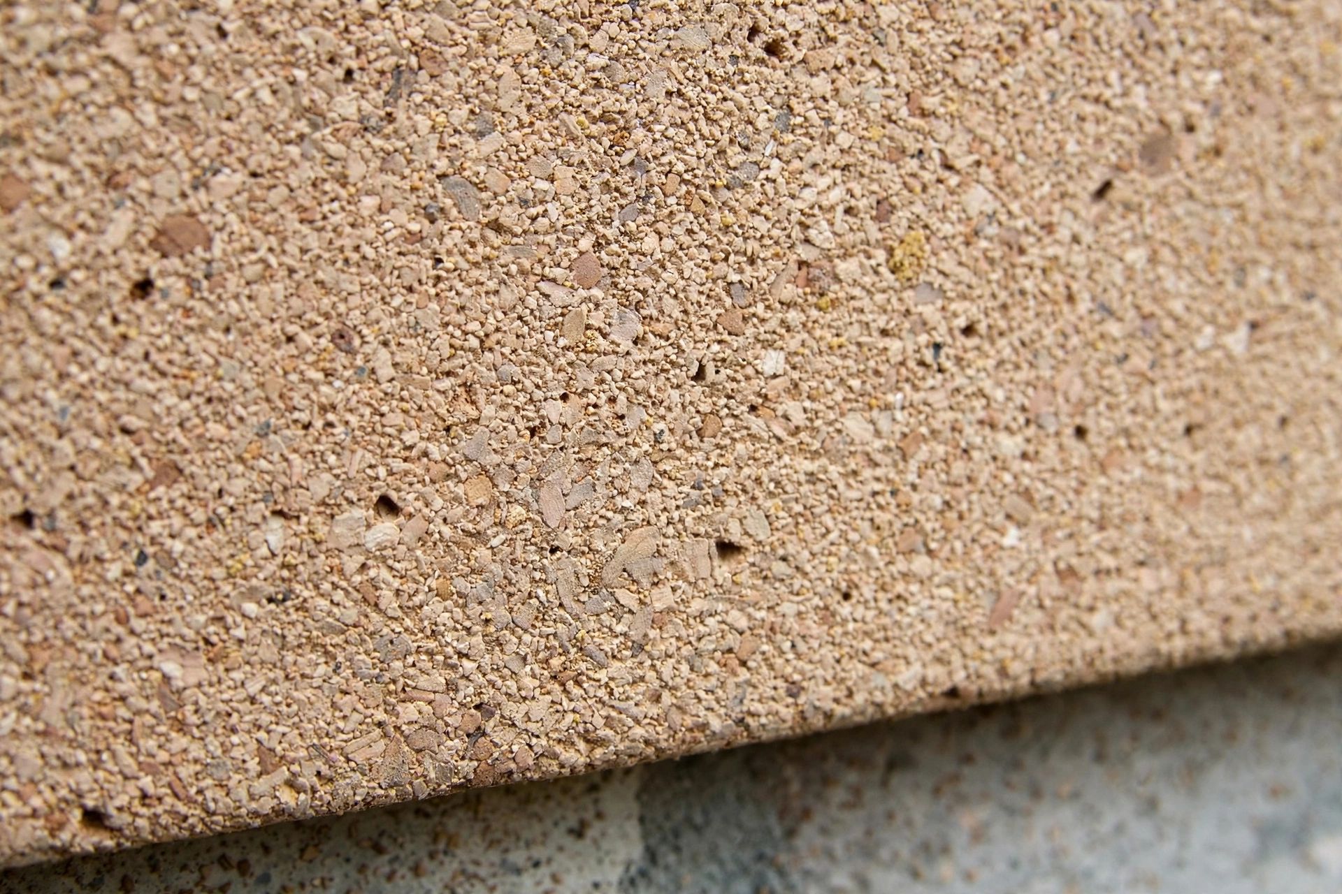 Close-up of a textured spray cork coating on an exterior wall, showing the thin finish
