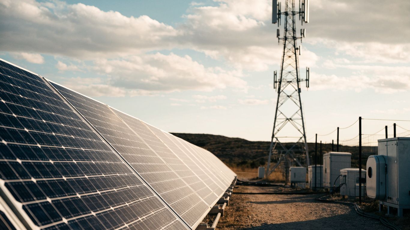 Solar modules and battery equipment at a remote tower site