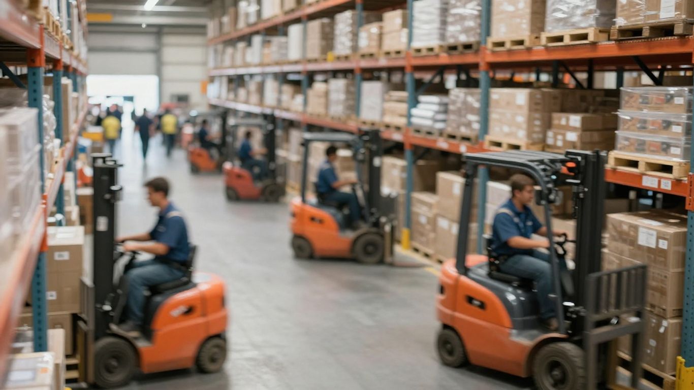 Blurred distribution center operations with logistics teams.