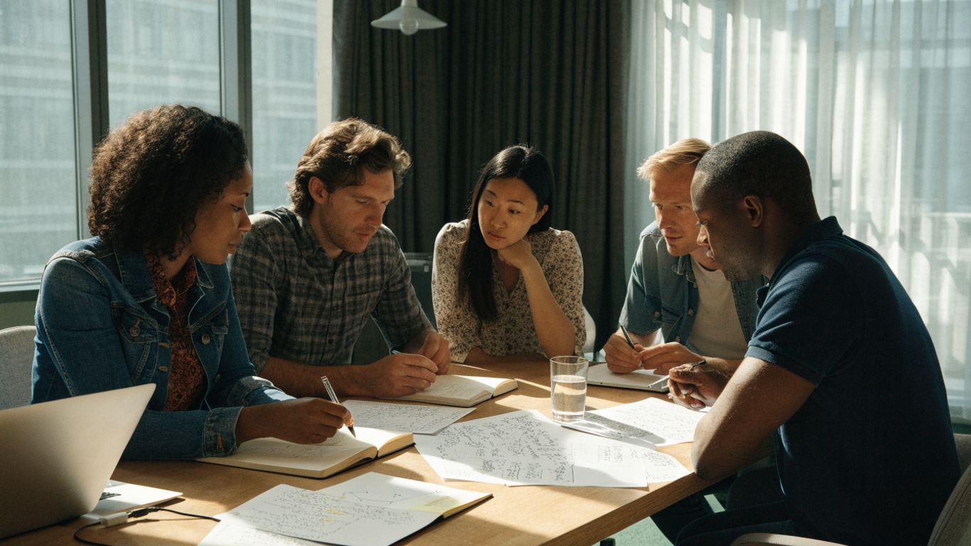 Colleagues comparing notes around a meeting table