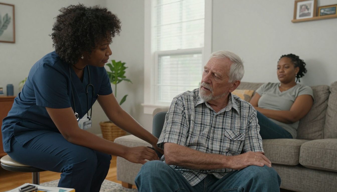 A realistic multiracial family caregiving scene in a North Carolina home, with a Black female home care aide calmly assisting an older White man in a comfortable living room while his adult daughter takes a quiet restorative break nearby; natural daylight, candid documentary style, no text or logos