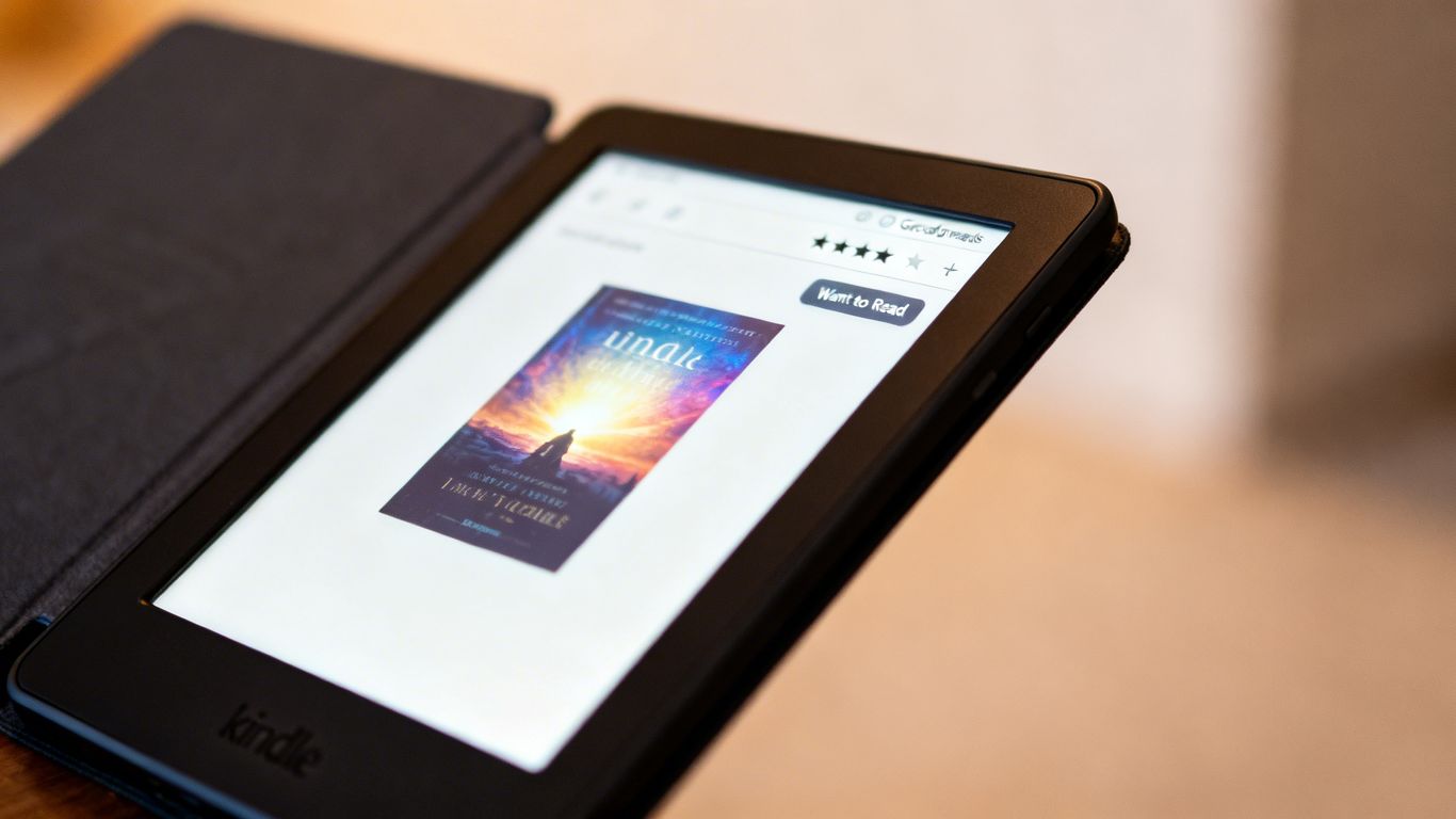 Kindle e-reader showing a book with Goodreads integration.