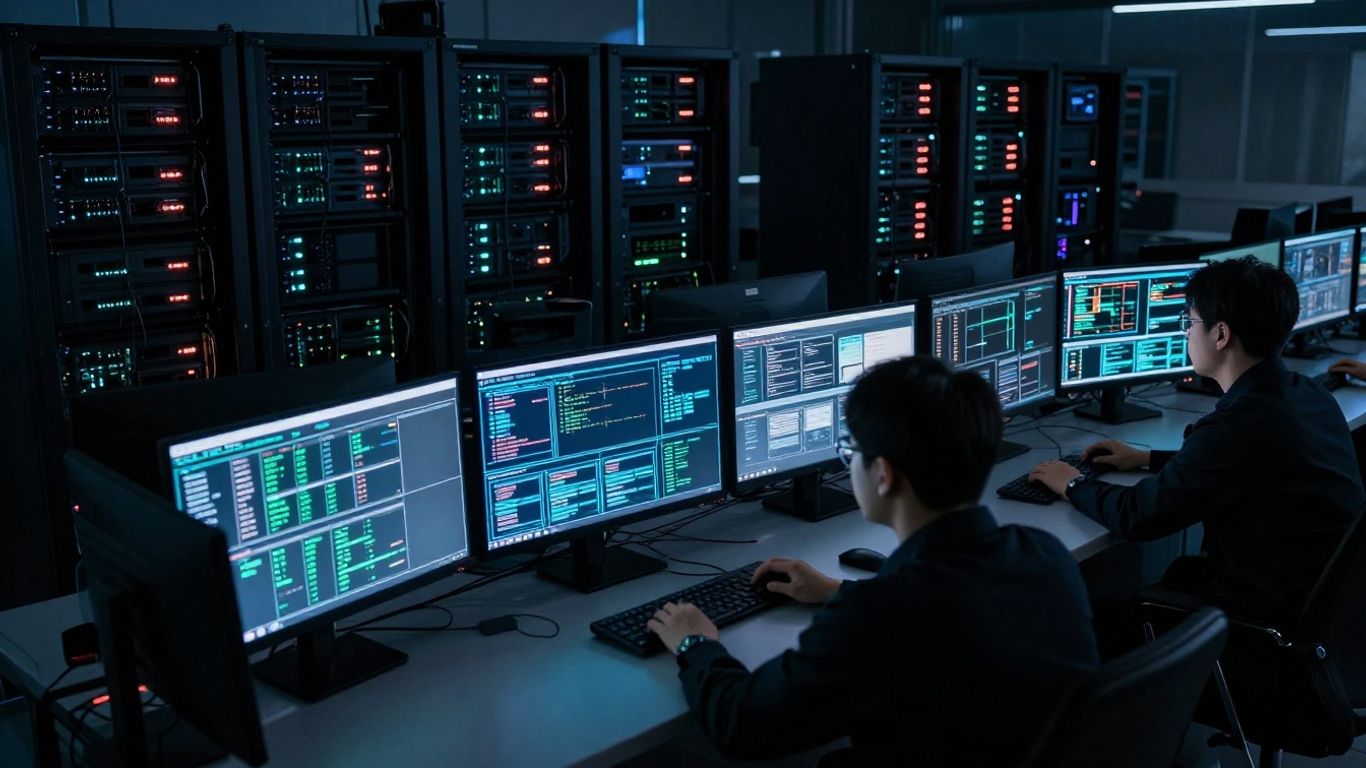 Security operations centre with glowing monitors and technicians.