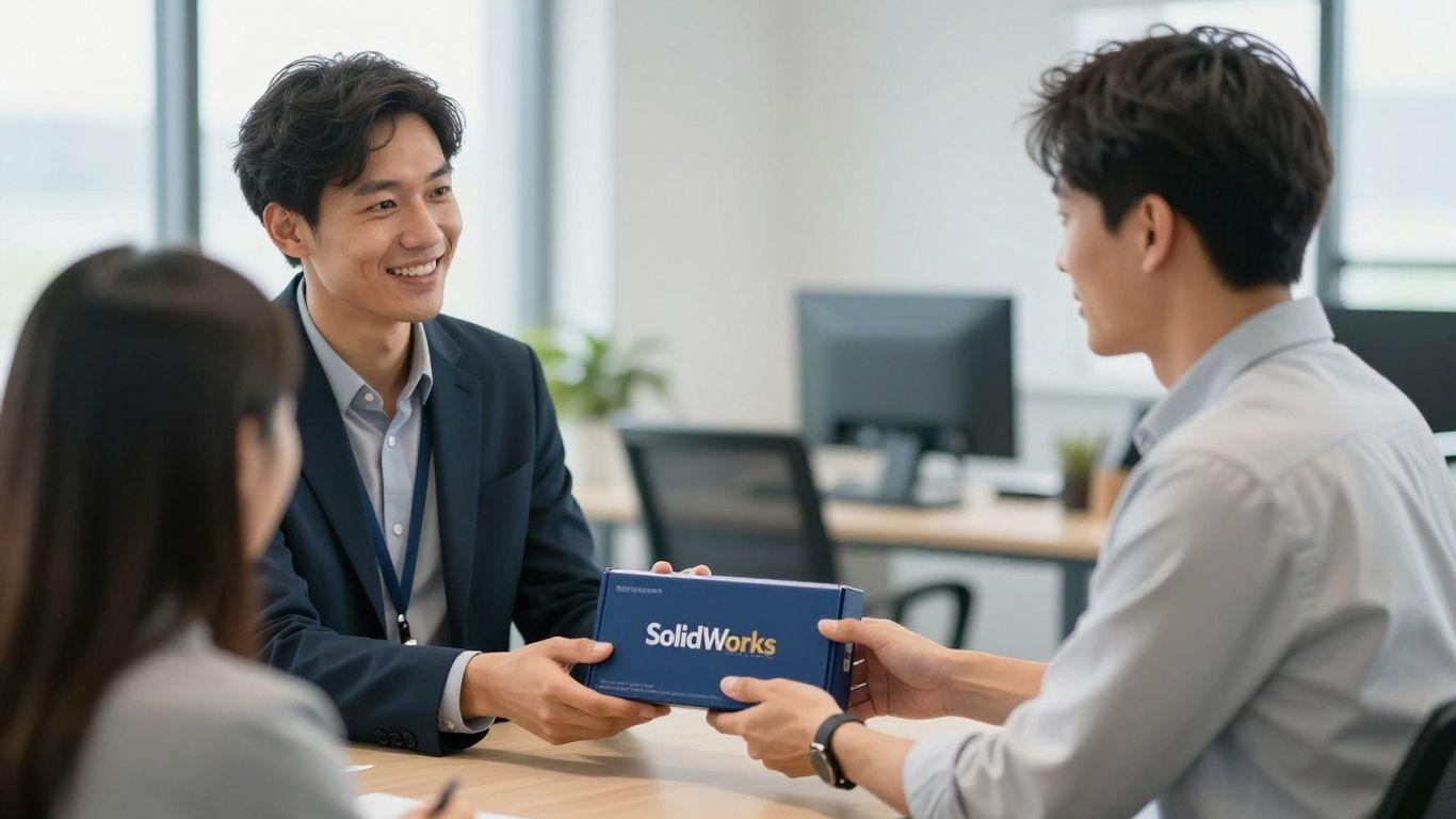 Handshake over SolidWorks box in a business meeting.