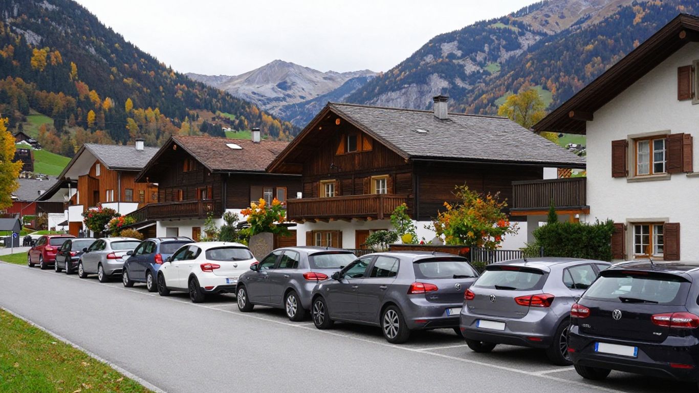 Mehrere kompakte Autos auf Schweizer Parkplatz