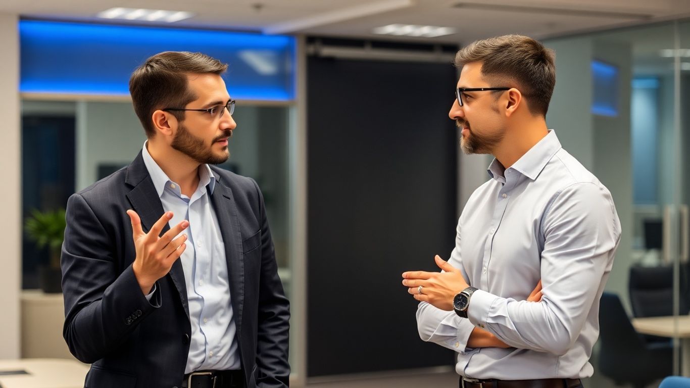 Zwei Personen im Büro führen ein Feedbackgespräch.