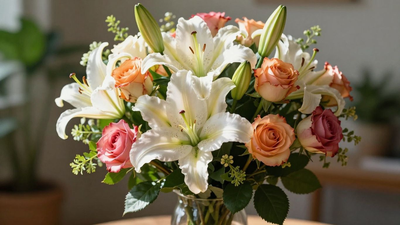 Beautiful fresh flower bouquet with roses and lilies.