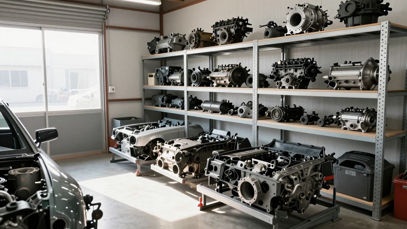 Dismantled Japanese car parts in a workshop.