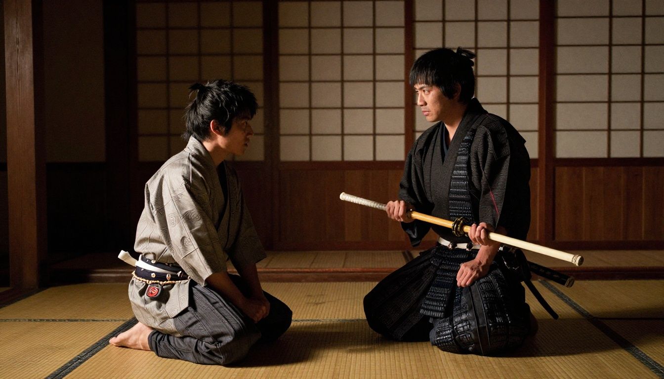 Um shinobi habilidoso enfrentando um samurai em um cenário japonês feudal sob a luz do luar