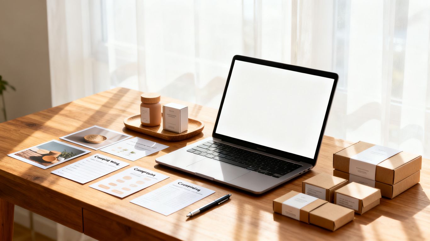 Amazon listing and campaign planning materials on desk