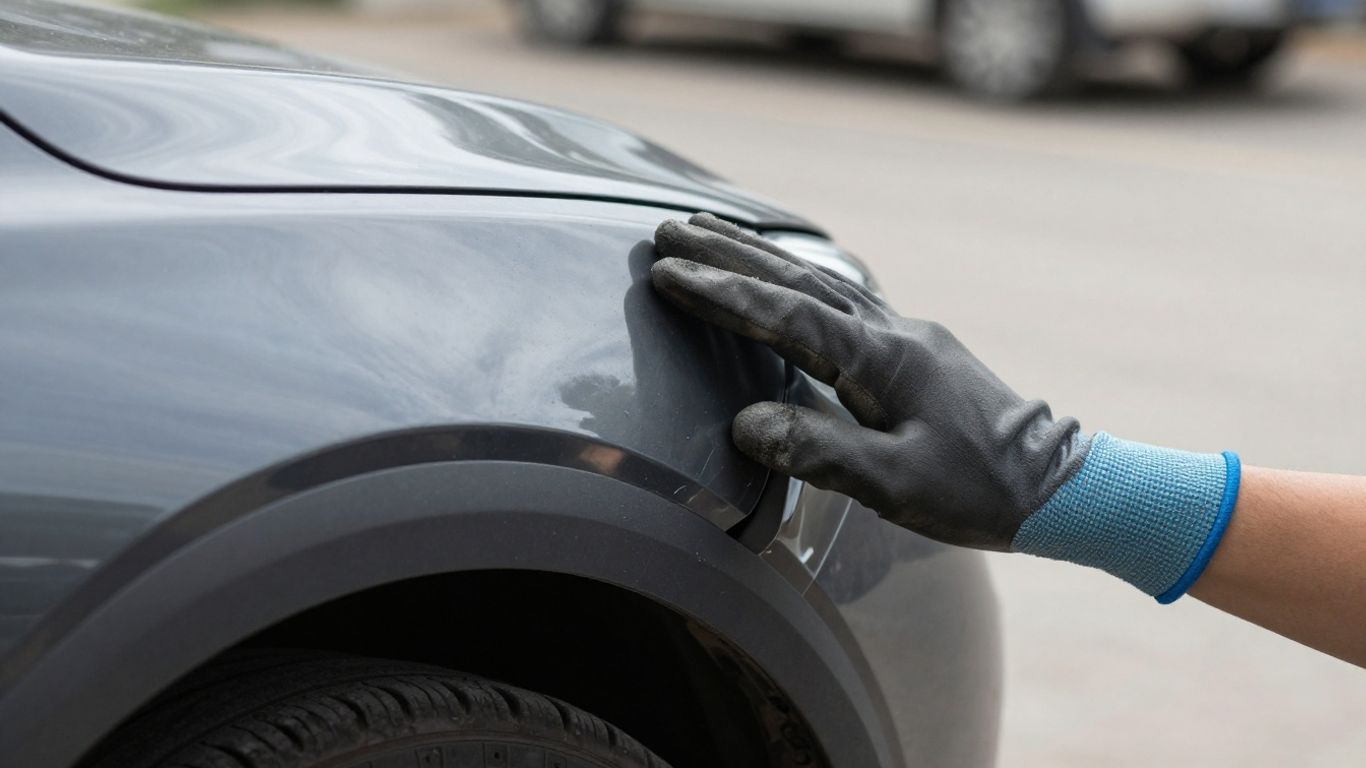 Beschädigtes Auto mit Hand, die Delle prüft.
