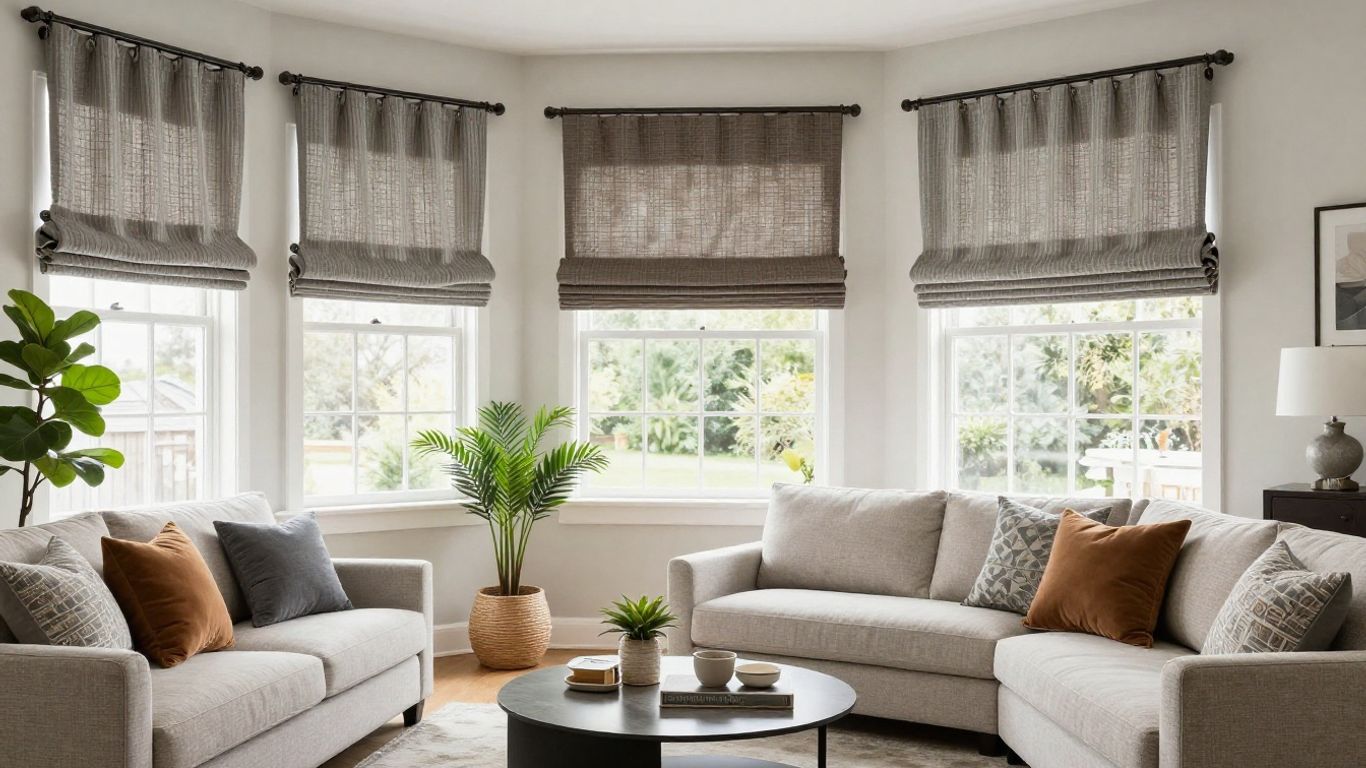 Layered curtains and blinds in modern living room