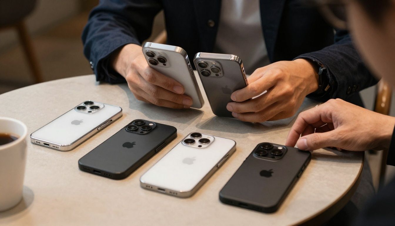 A person in a cafe choosing between different styles of iPhone 17 Air cases on a table