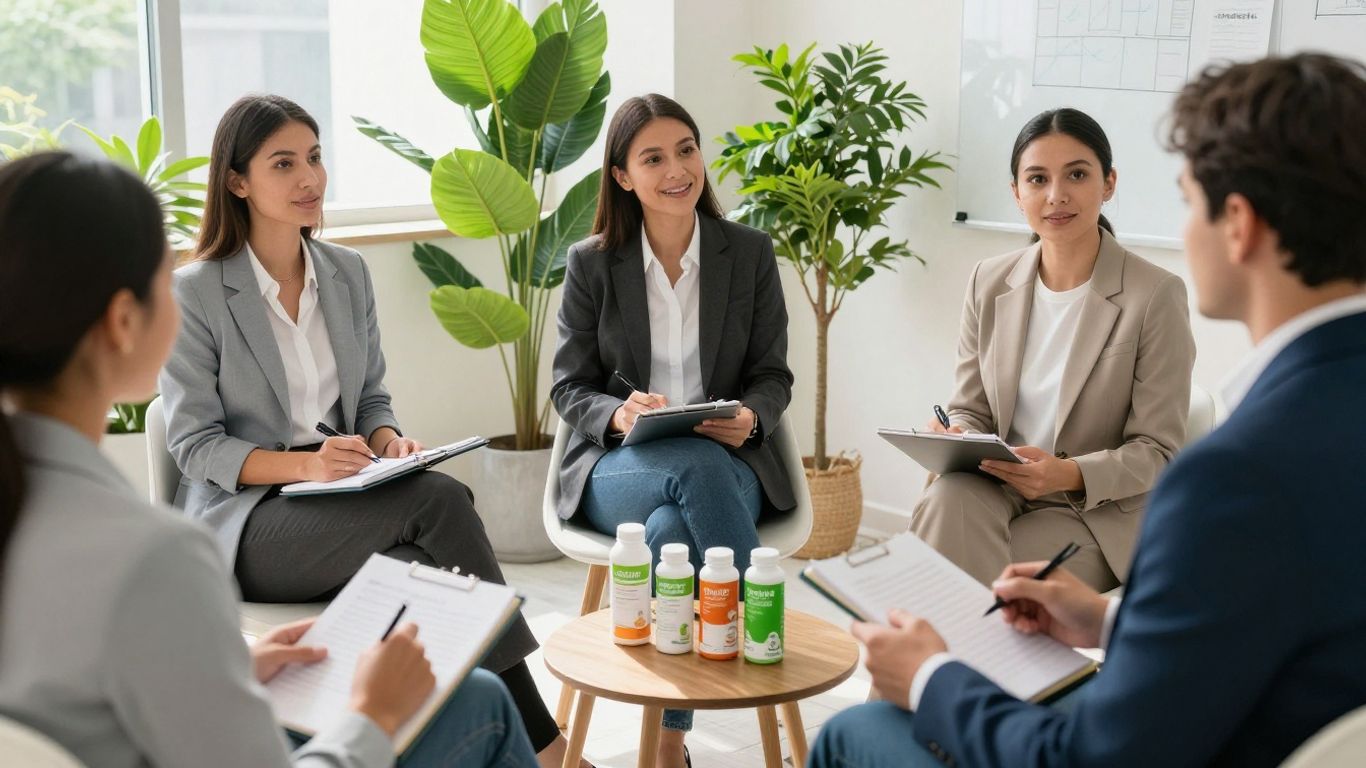 Herbalife distributors collaborating in a business meeting.